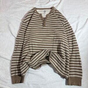 Brown and Cream Mens Striped Waffle Knit Henley Shirt XL